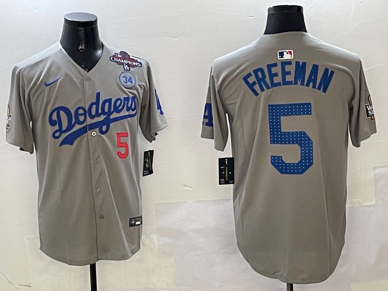 Men Los Angeles Dodgers 5 Freeman Grey Blue Fashion Game 2025 Nike MLB Jersey style 3261